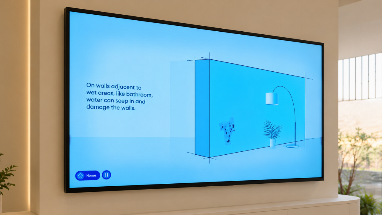 Large digital screen explaining wall seepage through an interactive visual display